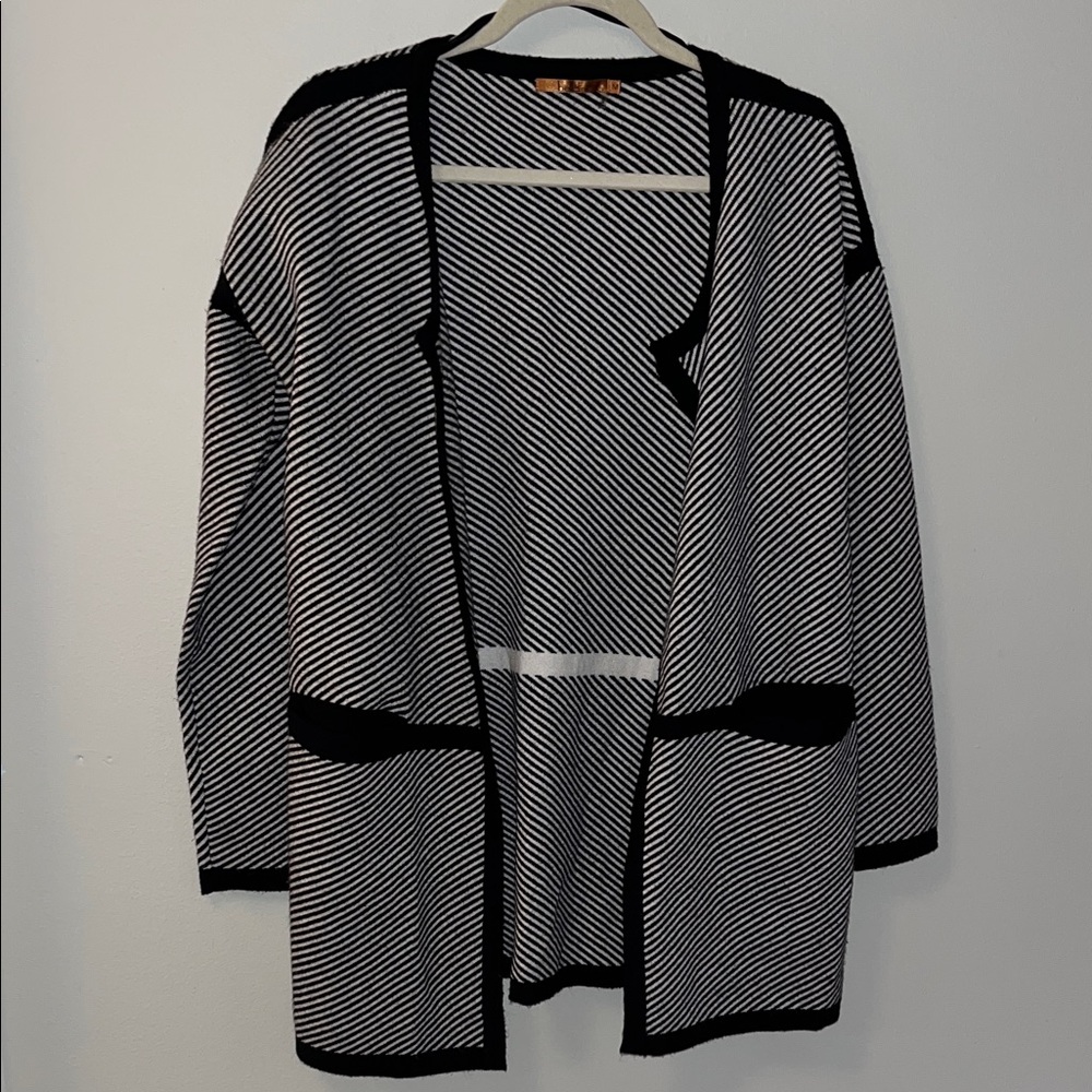 Belldini Black & White Striped Open-Front Cardigan